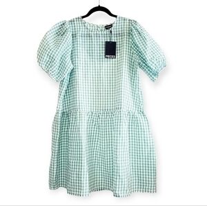 NWT Pieces Gingham Textured Tiered Puff Sleeve Dress